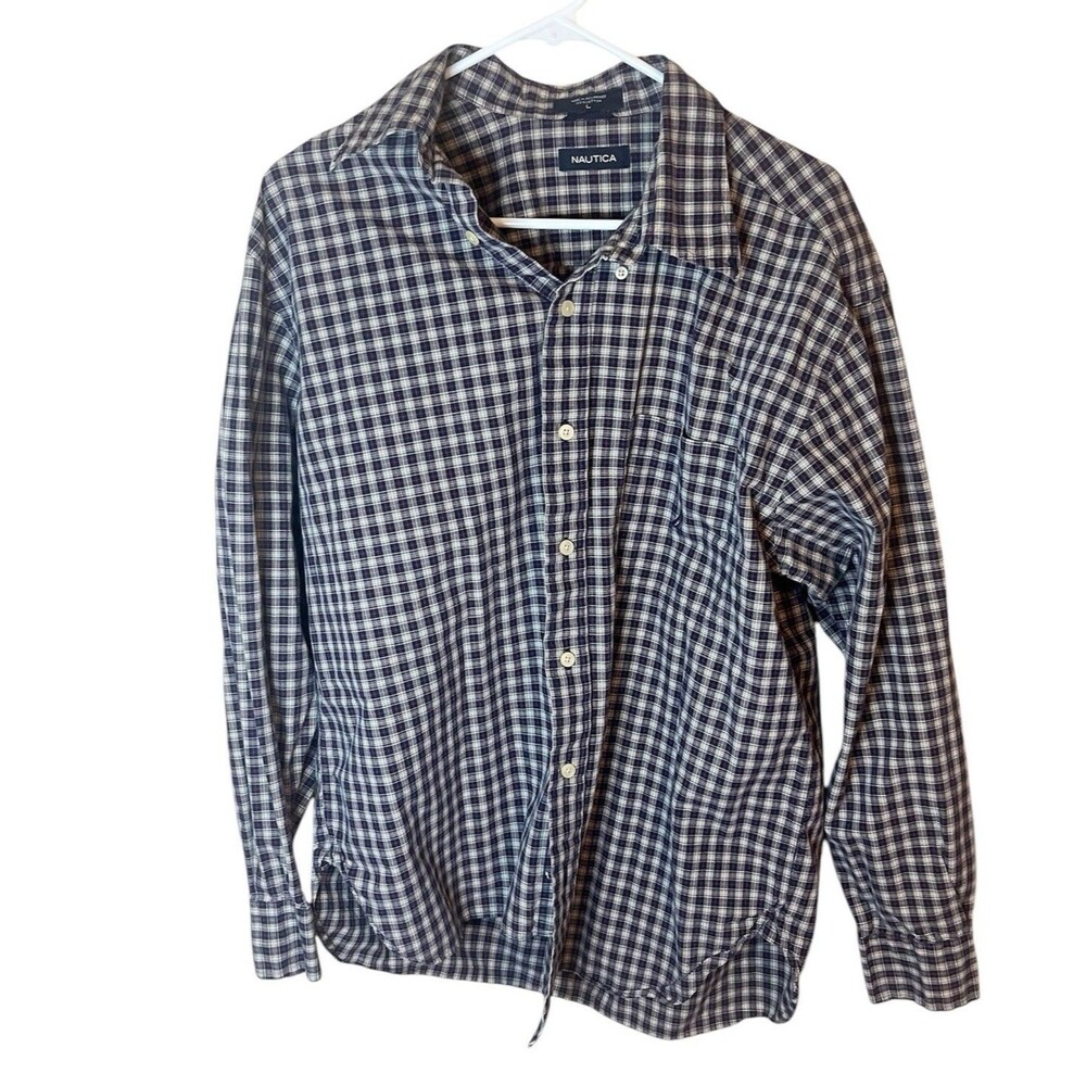 Nautica Men's Large Navy Blue Red Plaid Long Sleeve Button Up Shirt W/ Pocket